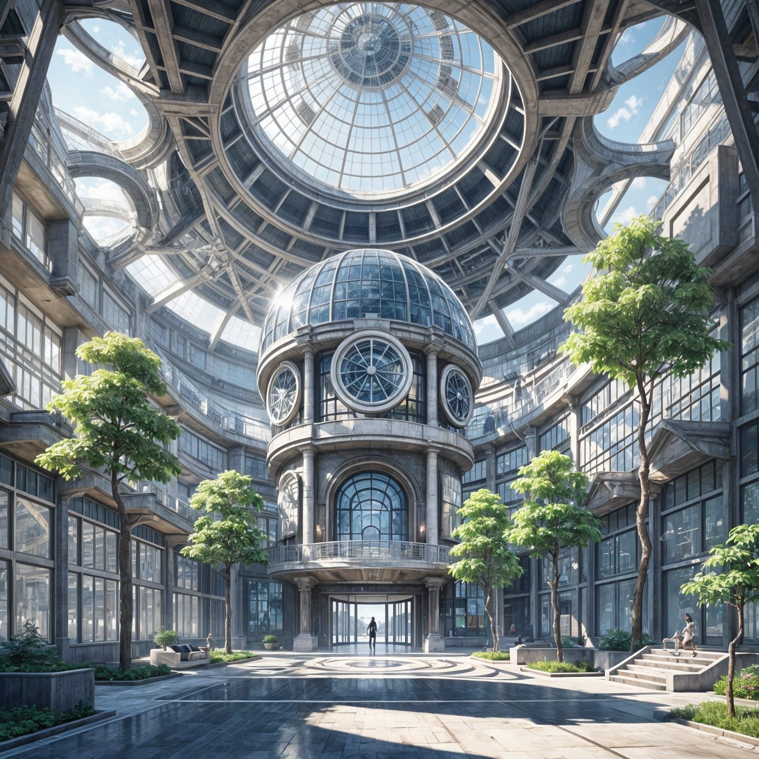 Futuristic Anime College Campus with Round Courtyard