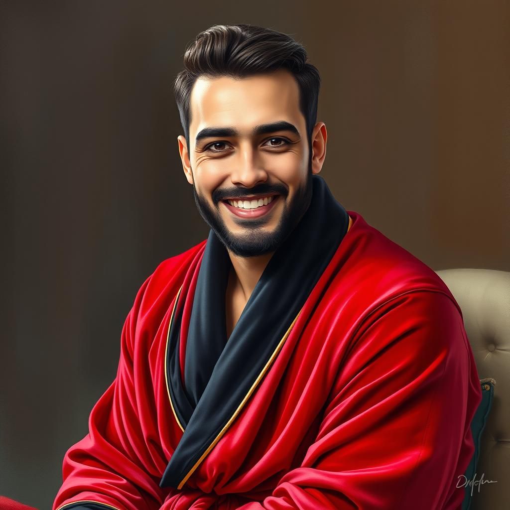 Elegant Man in Red Velvet Robe: Gouache and Watercolor