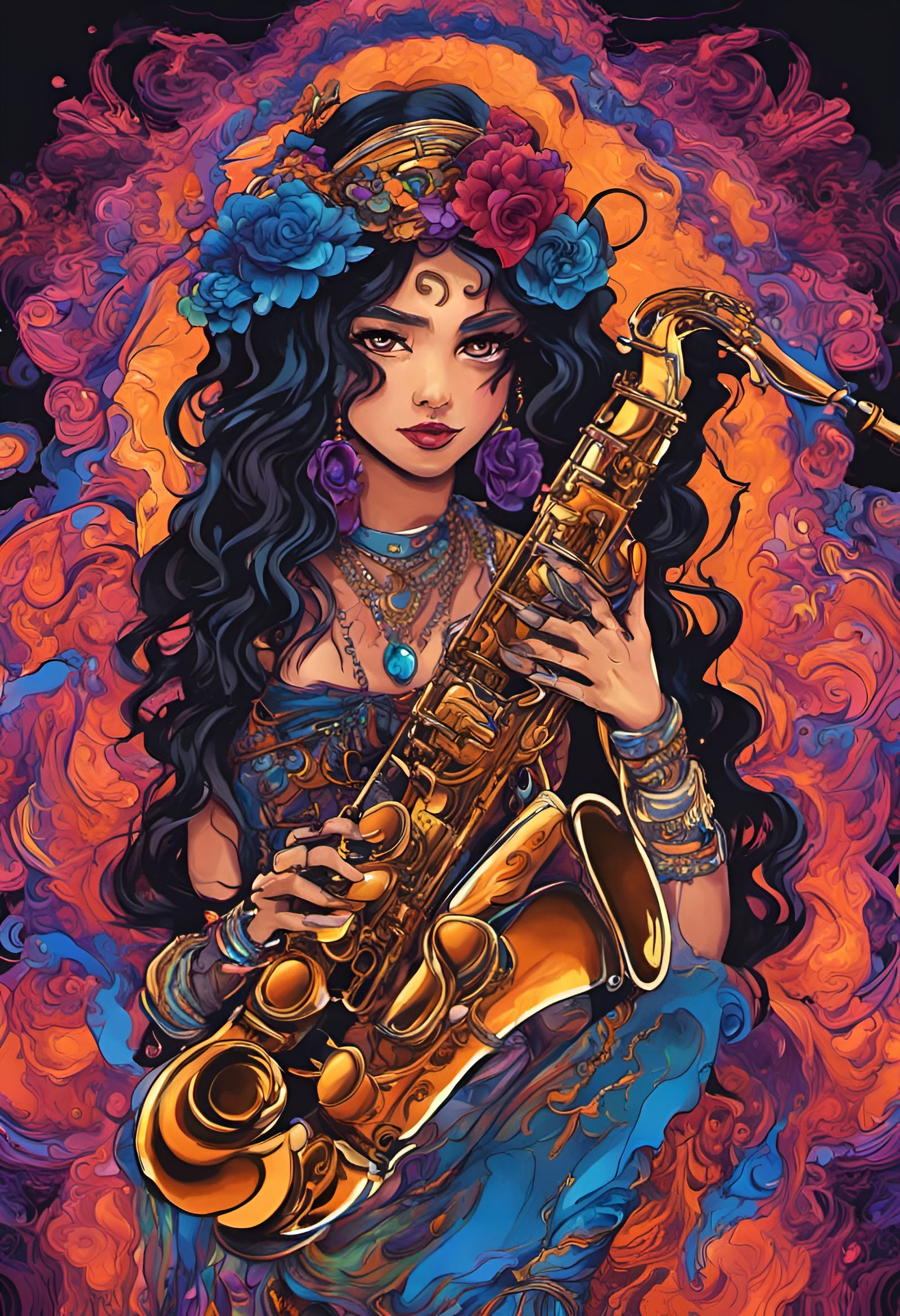 Chibi Gypsy Women Play Saxophone in Black Light Painting