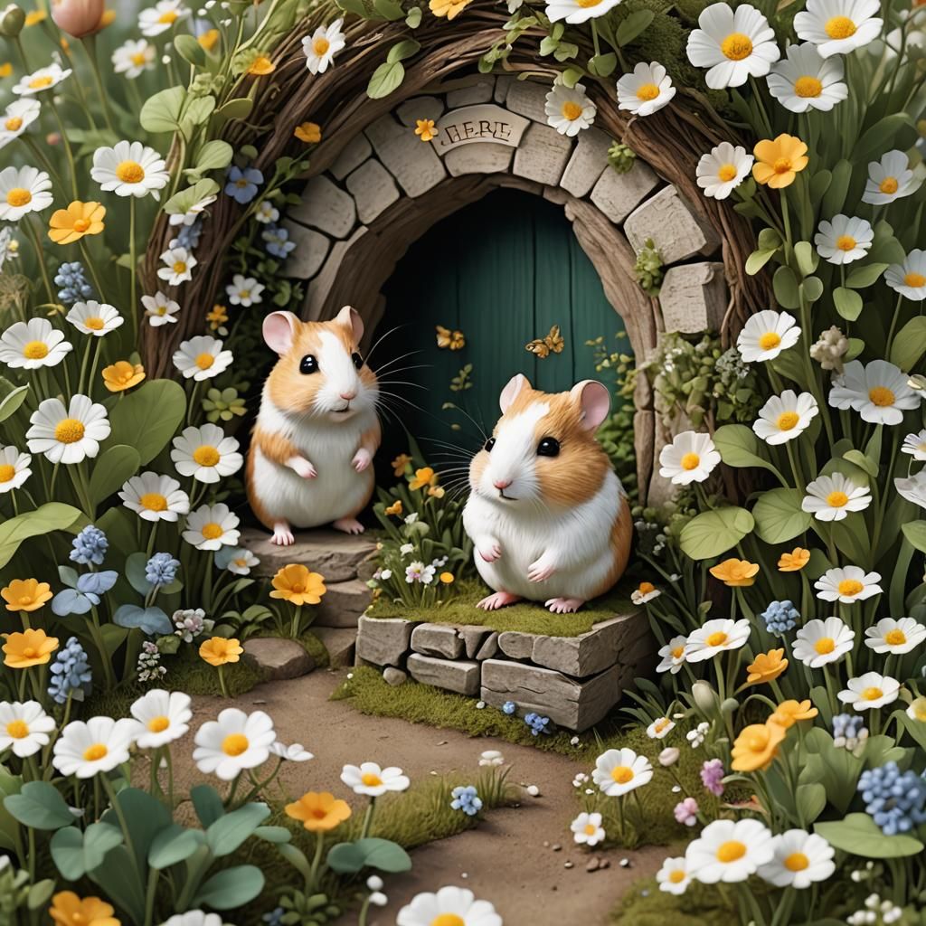 Charming 3D Hamster Illustration in Fairytale Landscape