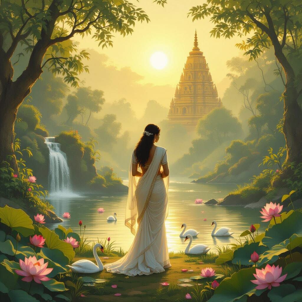 Serene Woman in Golden Sunlight, Forest Temple
