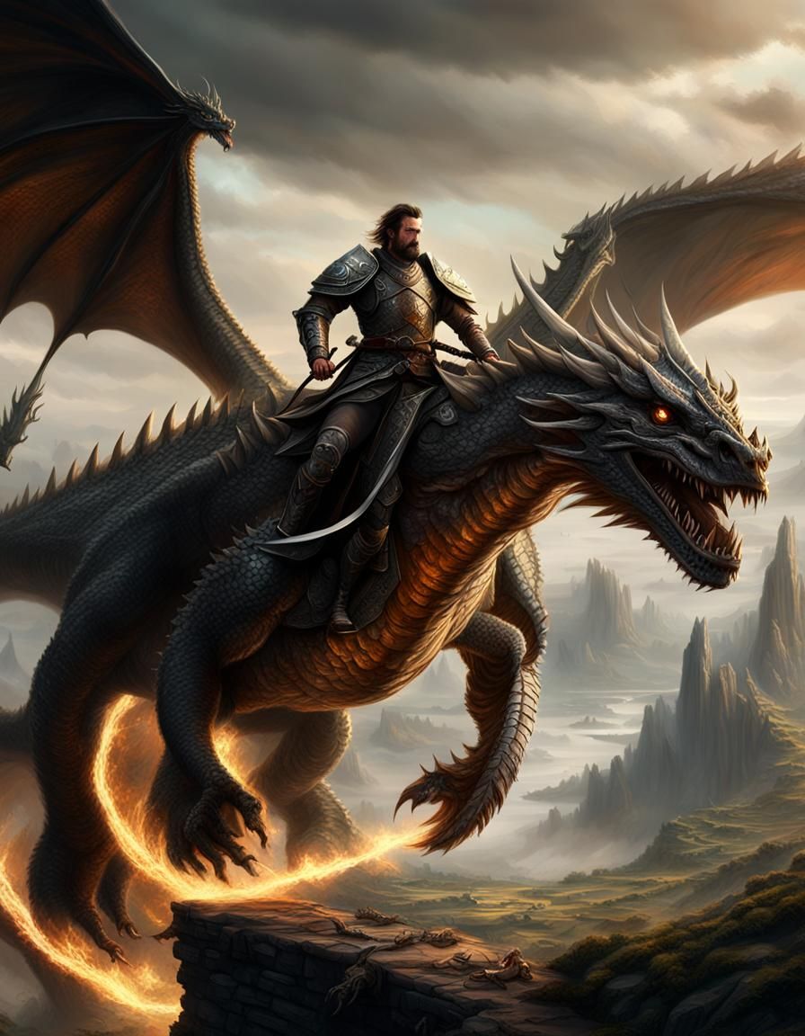 "A warrior riding a dragon"