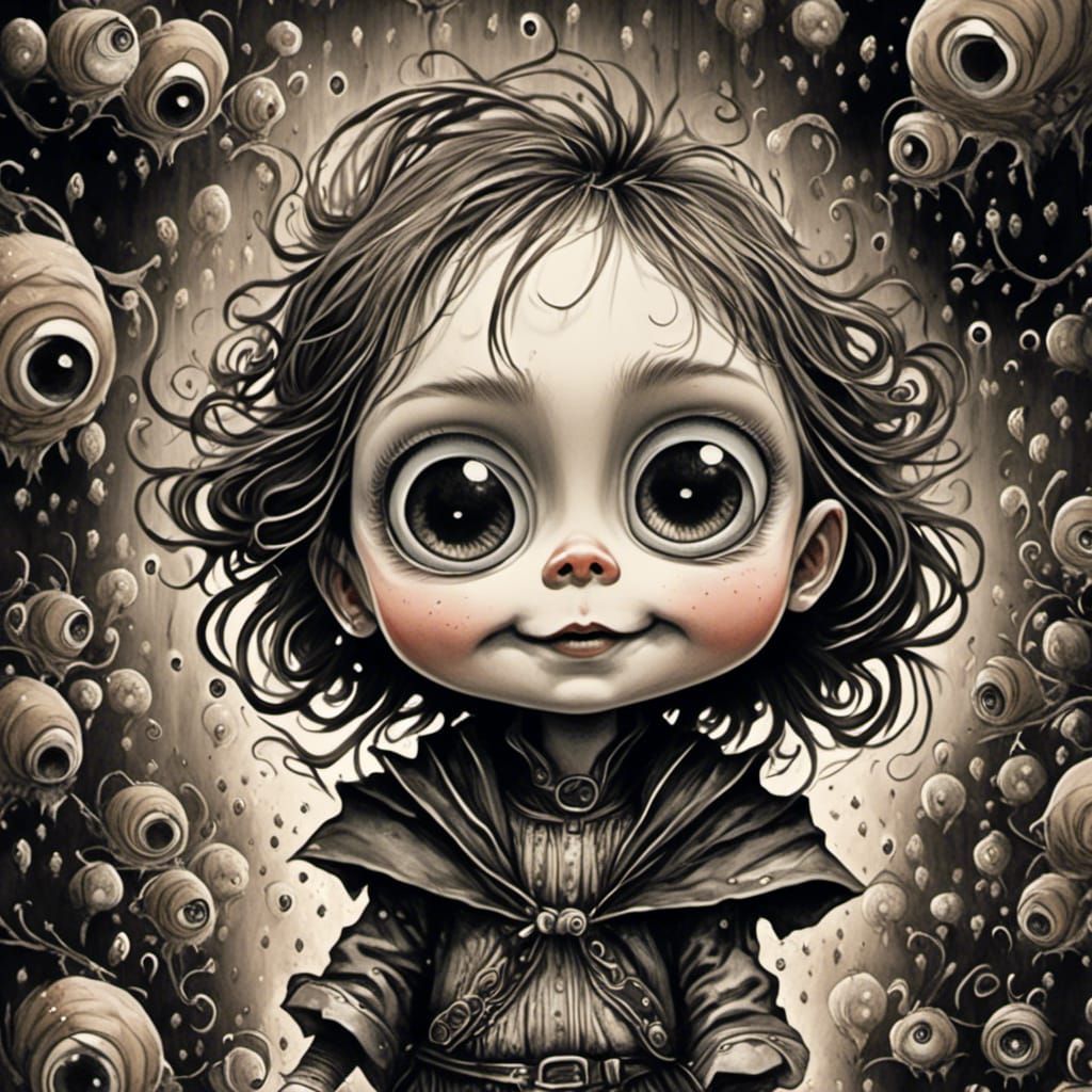 Creepy Chibi Ragdoll Baby Laughing Watercolor Illustration