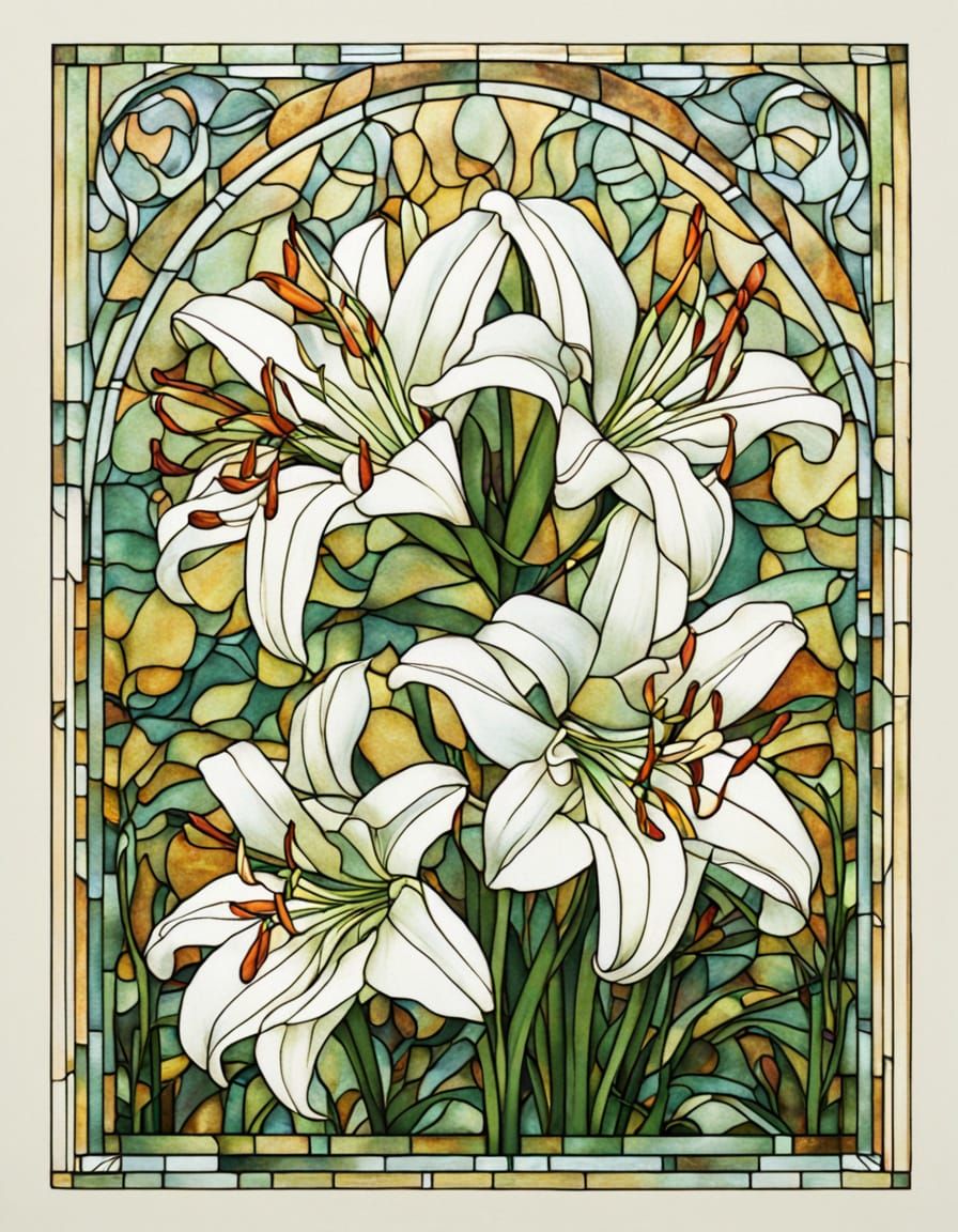 Art Nouveau Lilies in Stained Glass Style
