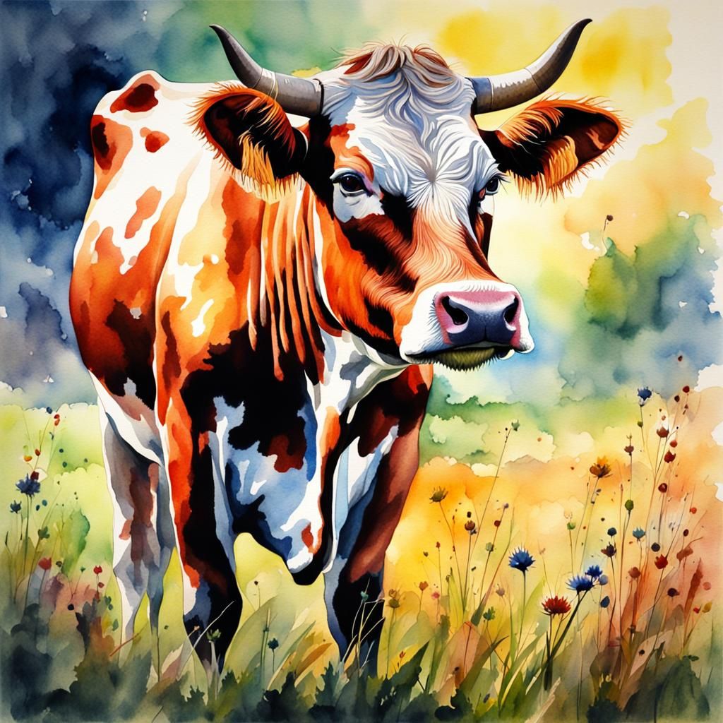 Hyperrealistic Cow in Pasture Watercolor Painting