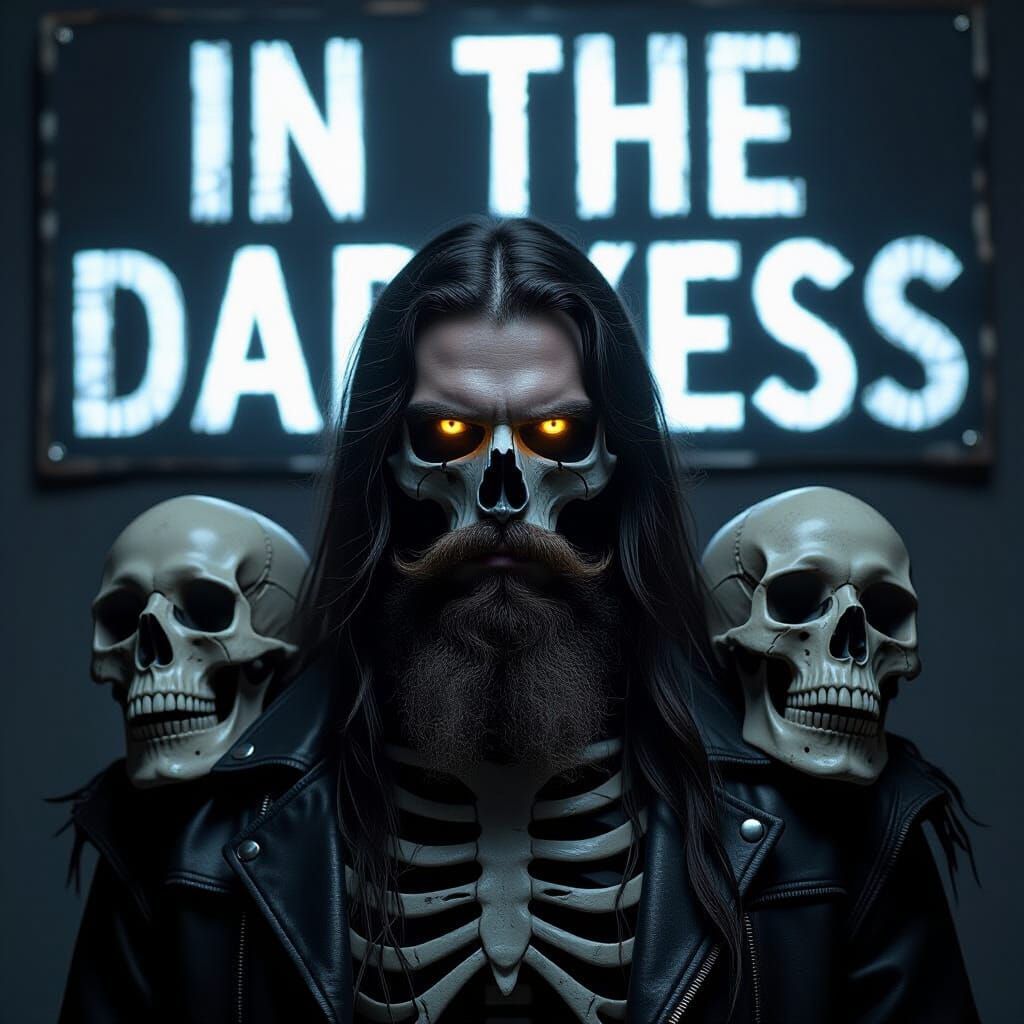 Metal Skeleton Man with Ravens in the Darkness