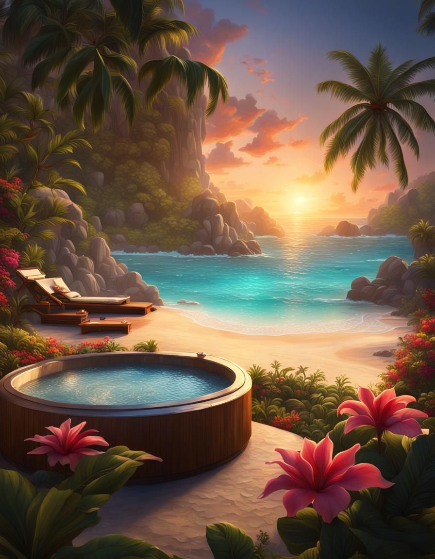 Tropical Getaway with Sunset Views as Matte Painting