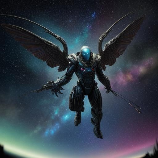 Winged Alien Soaring Through Orion Nebula