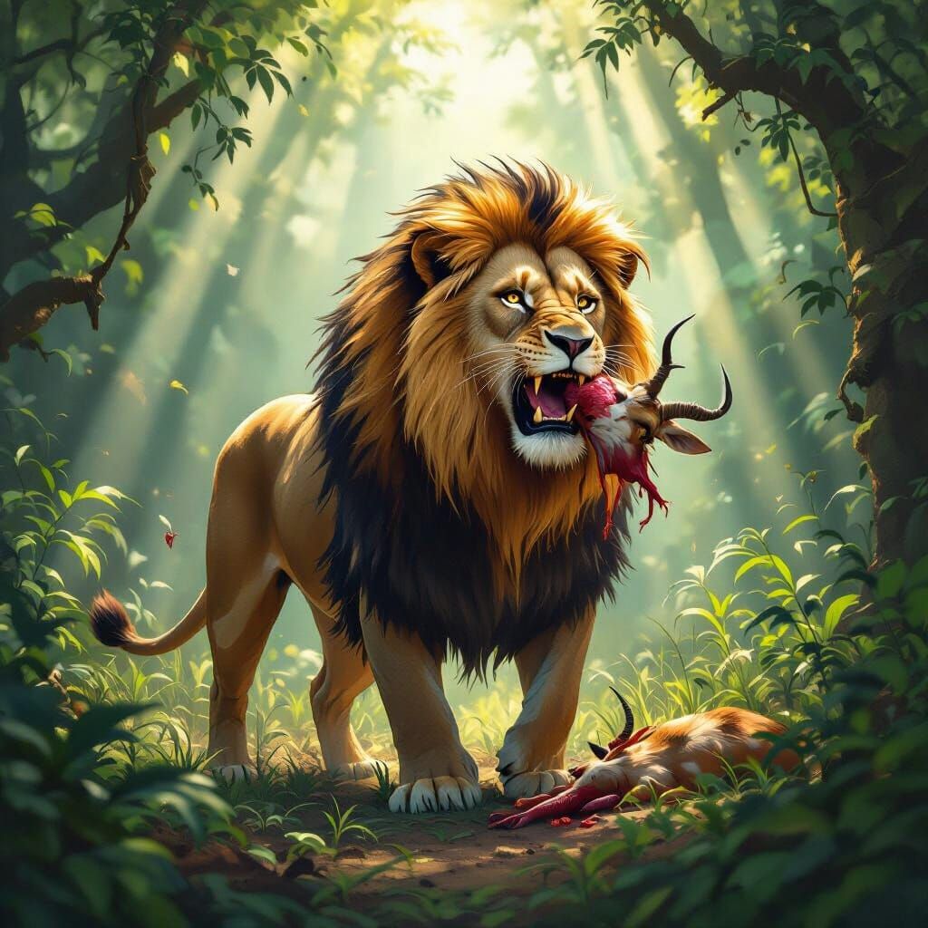 Lion in Jungle with Antelope, Atmospheric Lighting