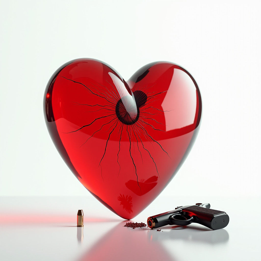 Fragile Red Glass Heart with Pistol, CGI Art