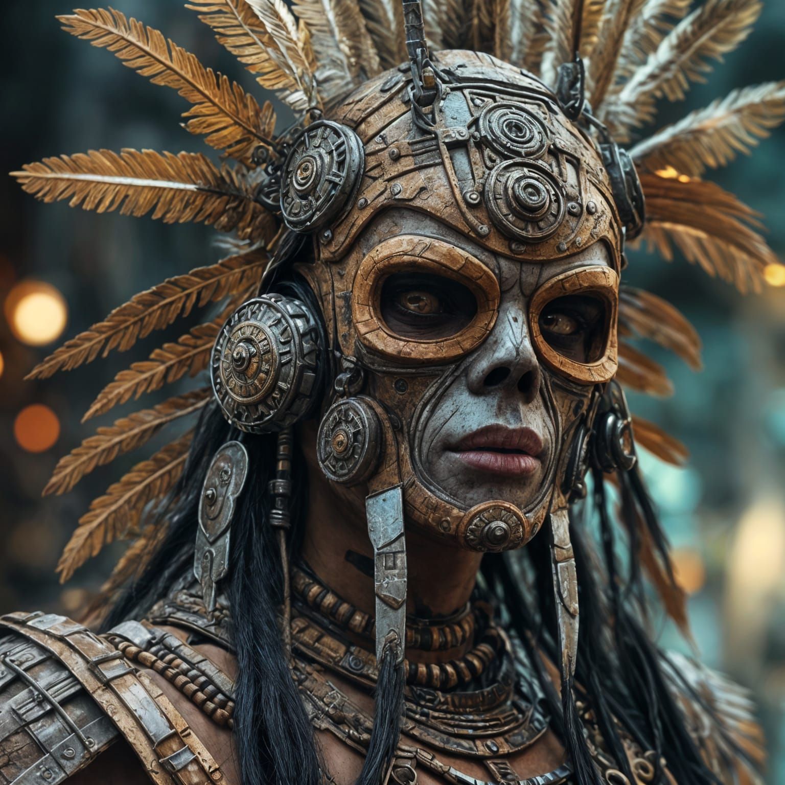 Cyborg Aztec Warrior with Apocalypto Mask in Sci-Fi Style