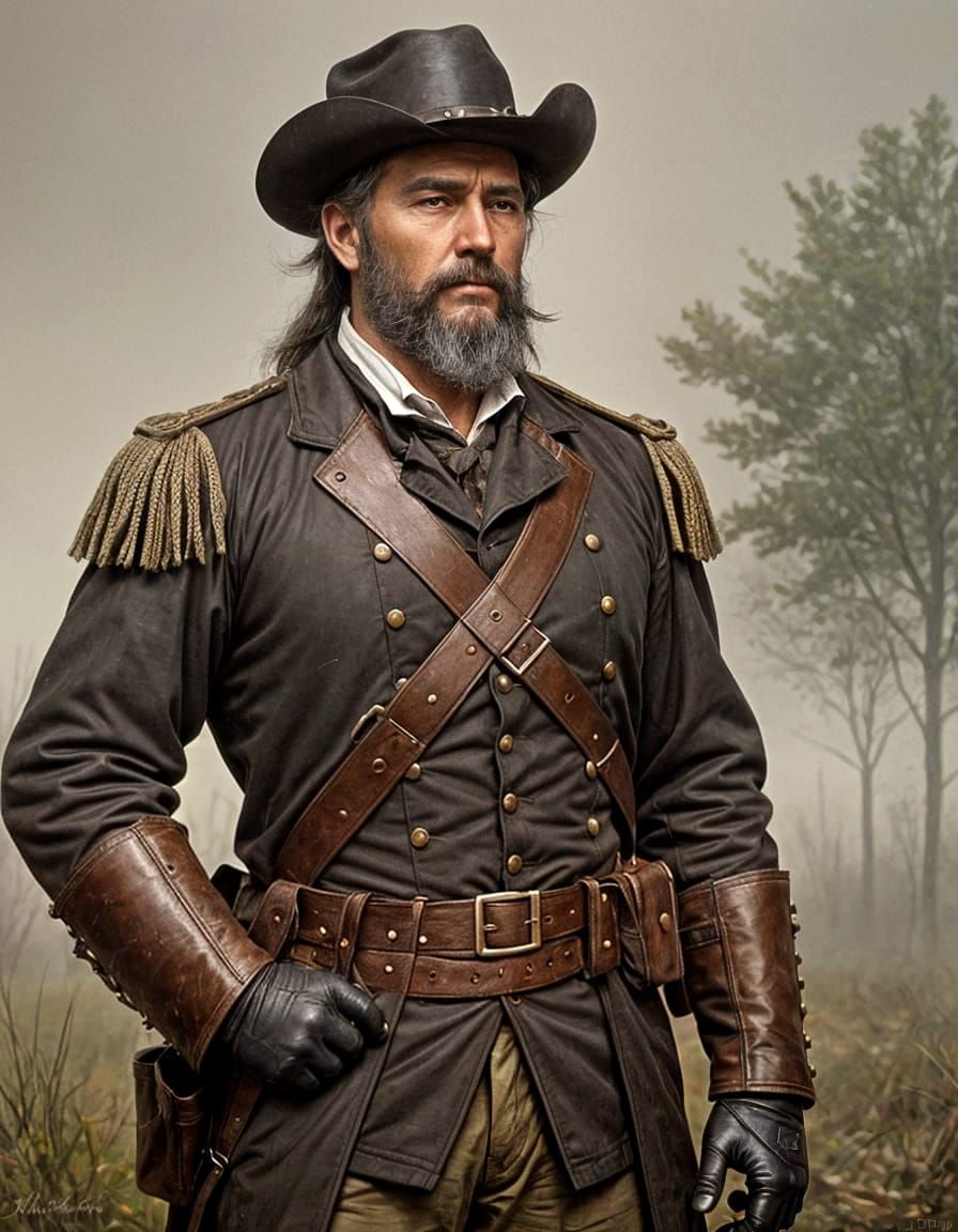 Rugged Oil Portrait of a Confederate Officer in Autumn Lands...