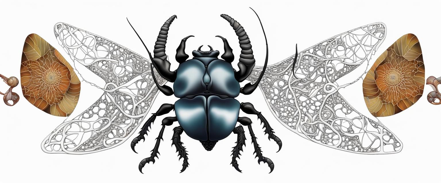 Surreal Rhinoceros Beetle in a Quantum Landscape