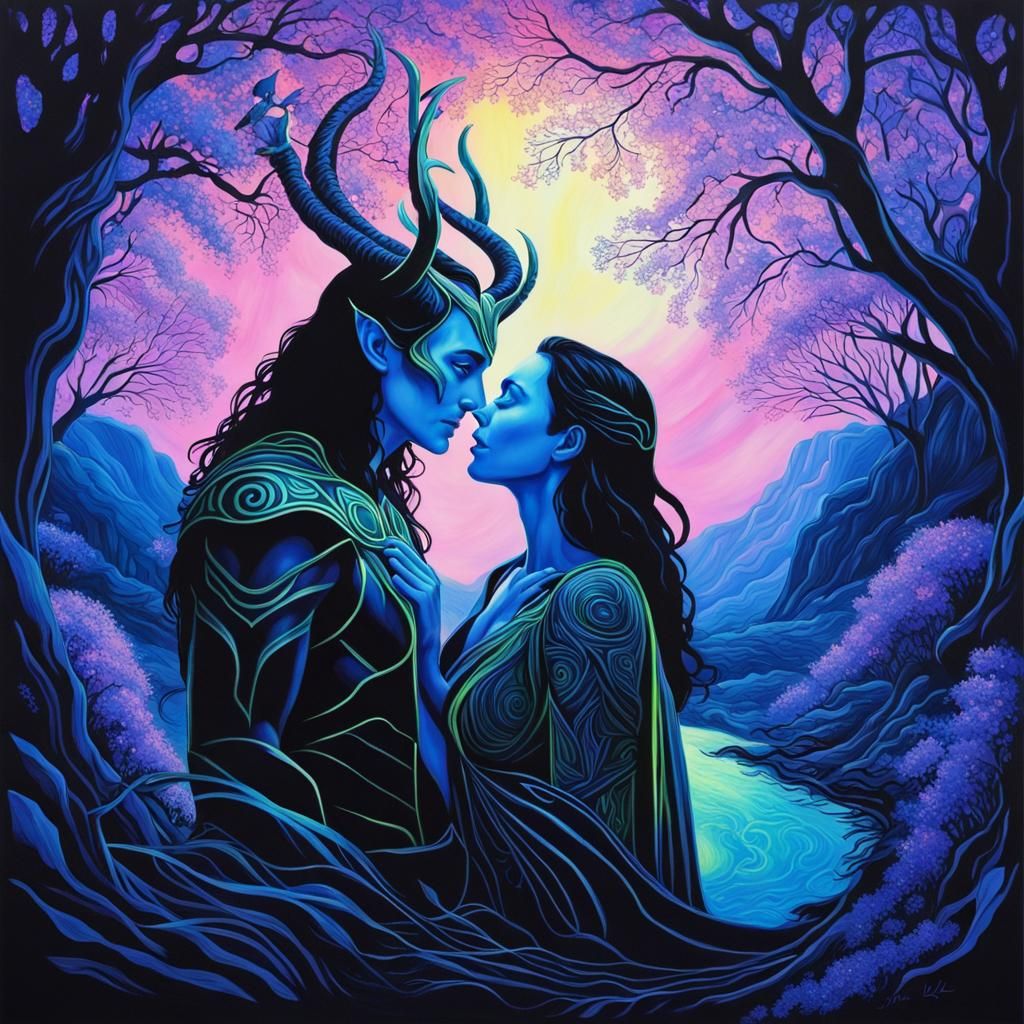 Loki with Woman in Spring: Black Light Art