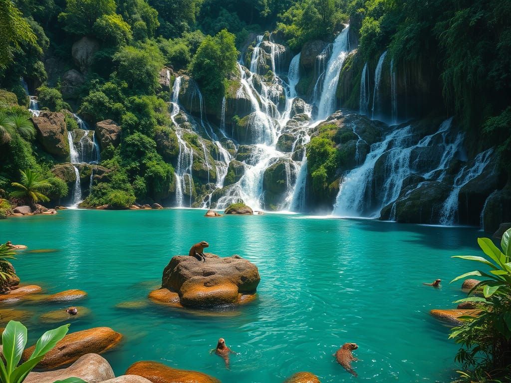 Turquoise Oasis with Wildlife and Waterfalls