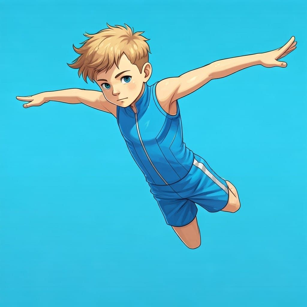 Young Gymnast in High-Tech Blue Outfit, Dynamic Floor Exerci...