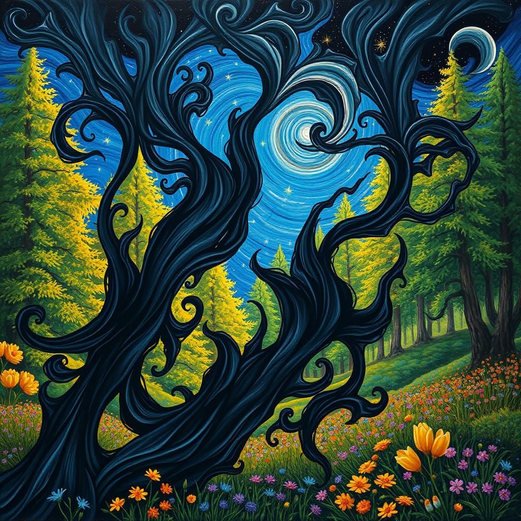 Ethereal Dance of Black Flames in a Dreamlike Forest