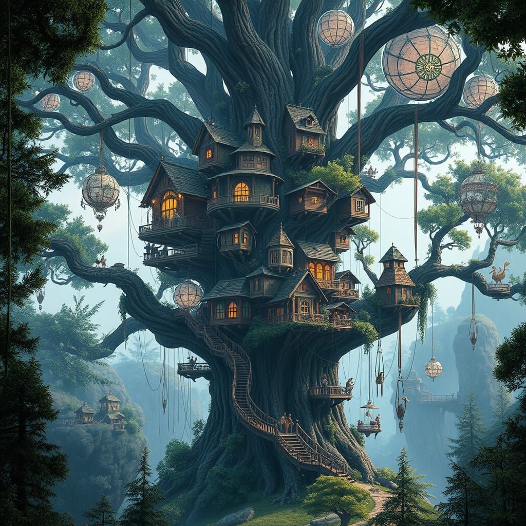 Colossal Treehouse City in Hyperrealistic Style