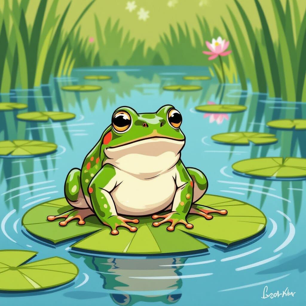 Shocked Frog in Pond, Whimsical Illustration