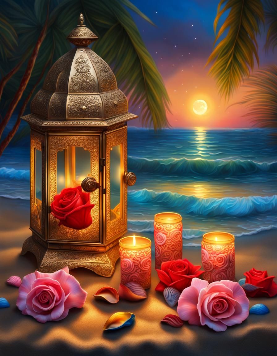 Lush Tropical Beach at Night: Hyperdetailed Oil Painting