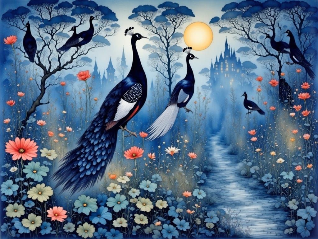 Exotic Palace Garden in Noctilucent Evening Light