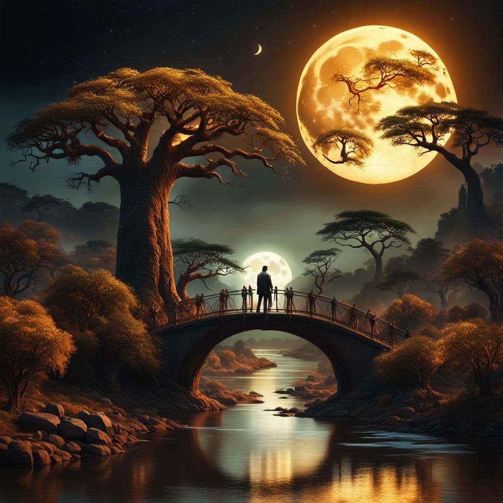 Rugged Man Silhouetted by Moon in African Landscape