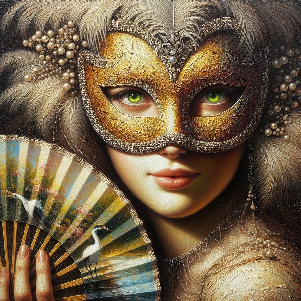 Woman in Ornate Mask, Impasto Painting