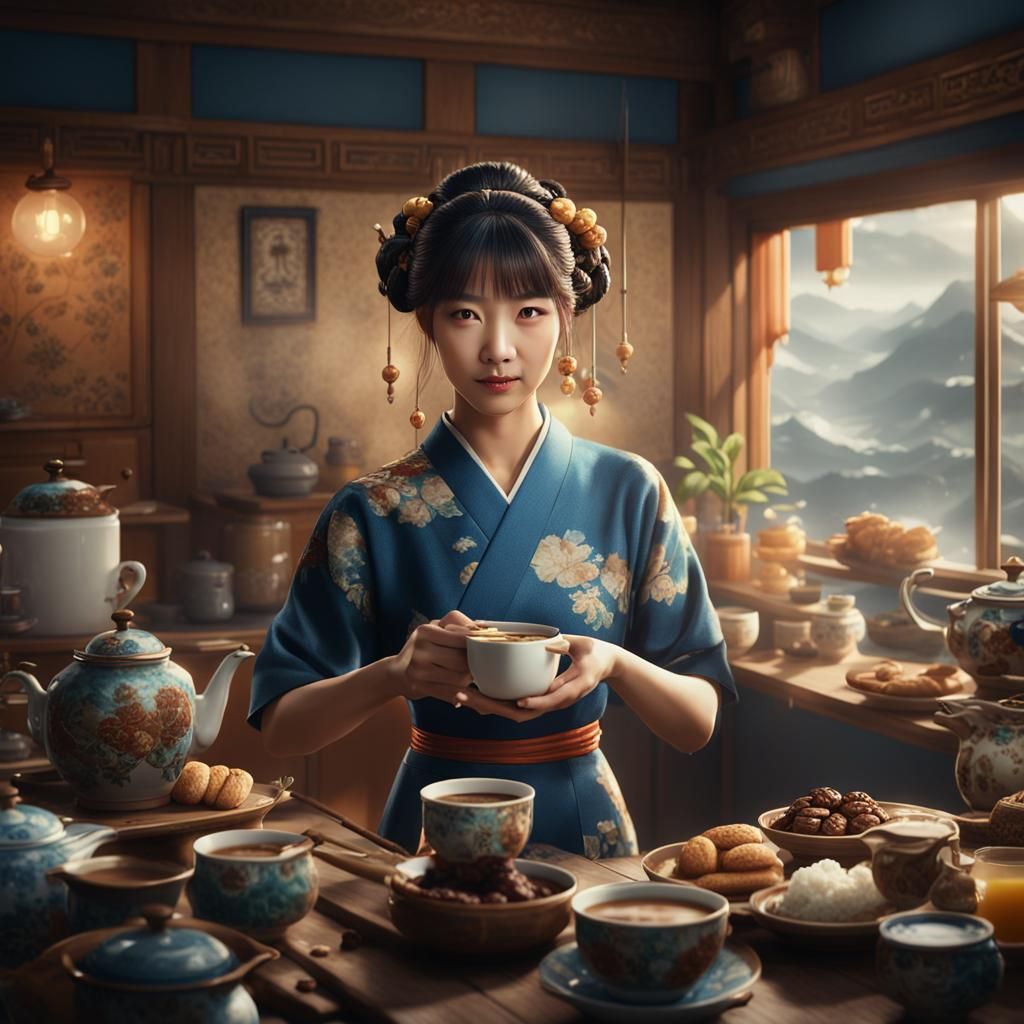 Japanese Housewife Serving Coffee: Detailed Matte Painting