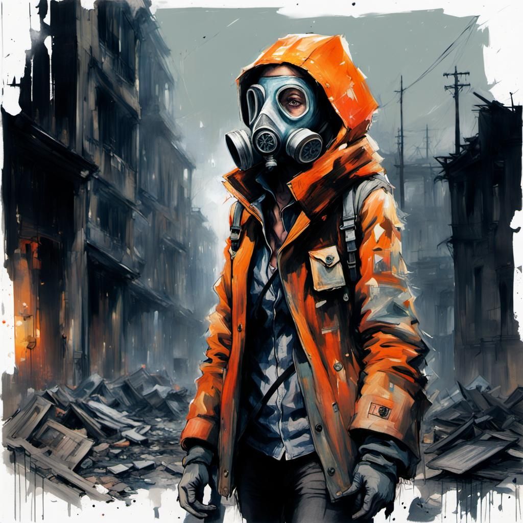 Post-Apocalyptic Woman in Destroyed City, Color Pencil Sketc...