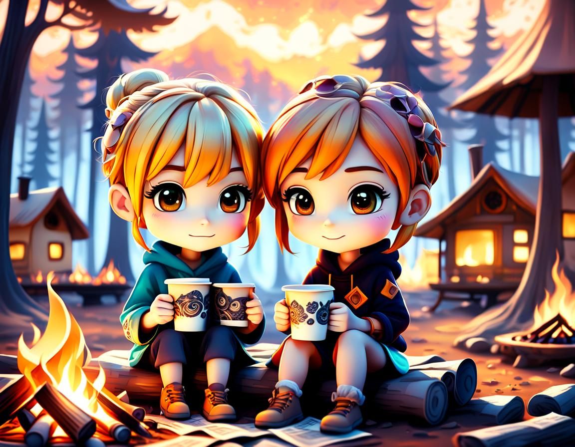 Chibi Friends Share Lattes: Whimsical Anime Campfire Scene