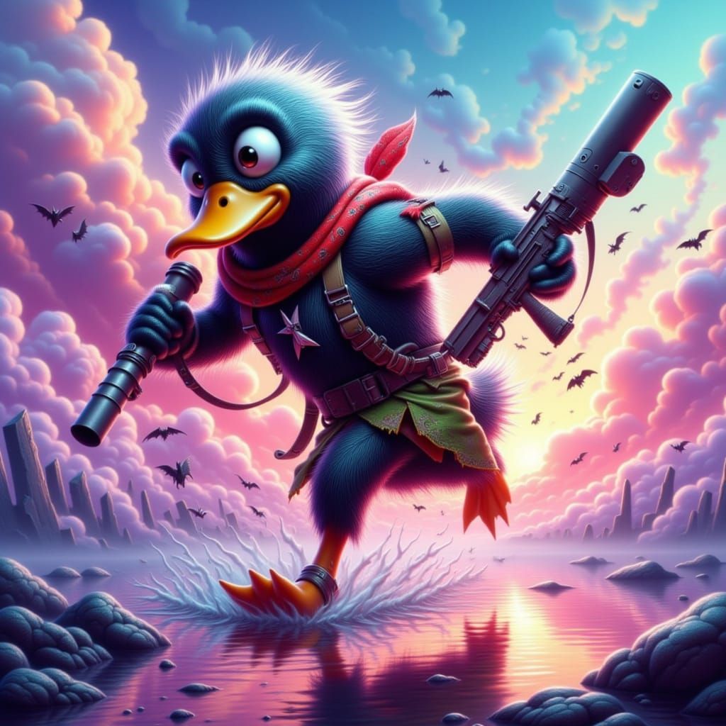 Rambo Duck Runs on Holographic Clouds Above Lake