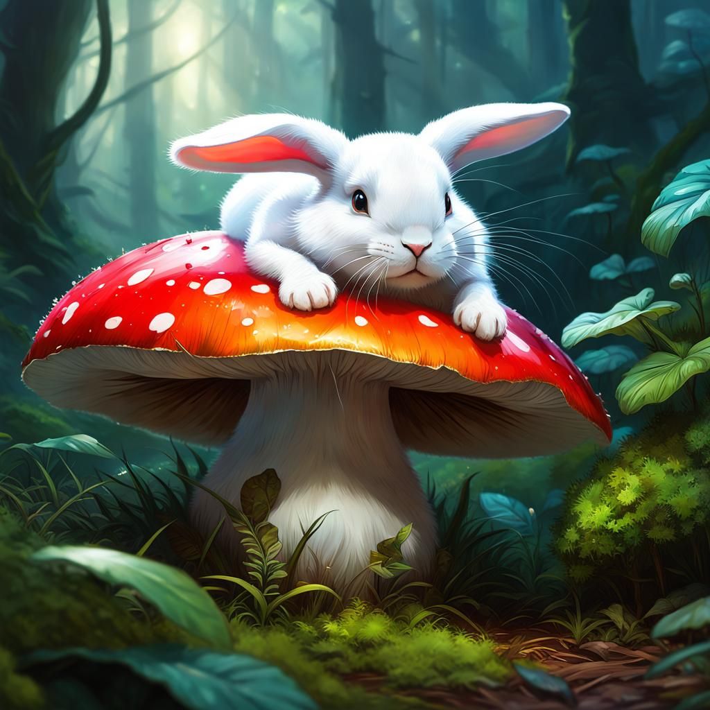 Bunny Under Mystical Mushroom: Detailed Jungle Scene