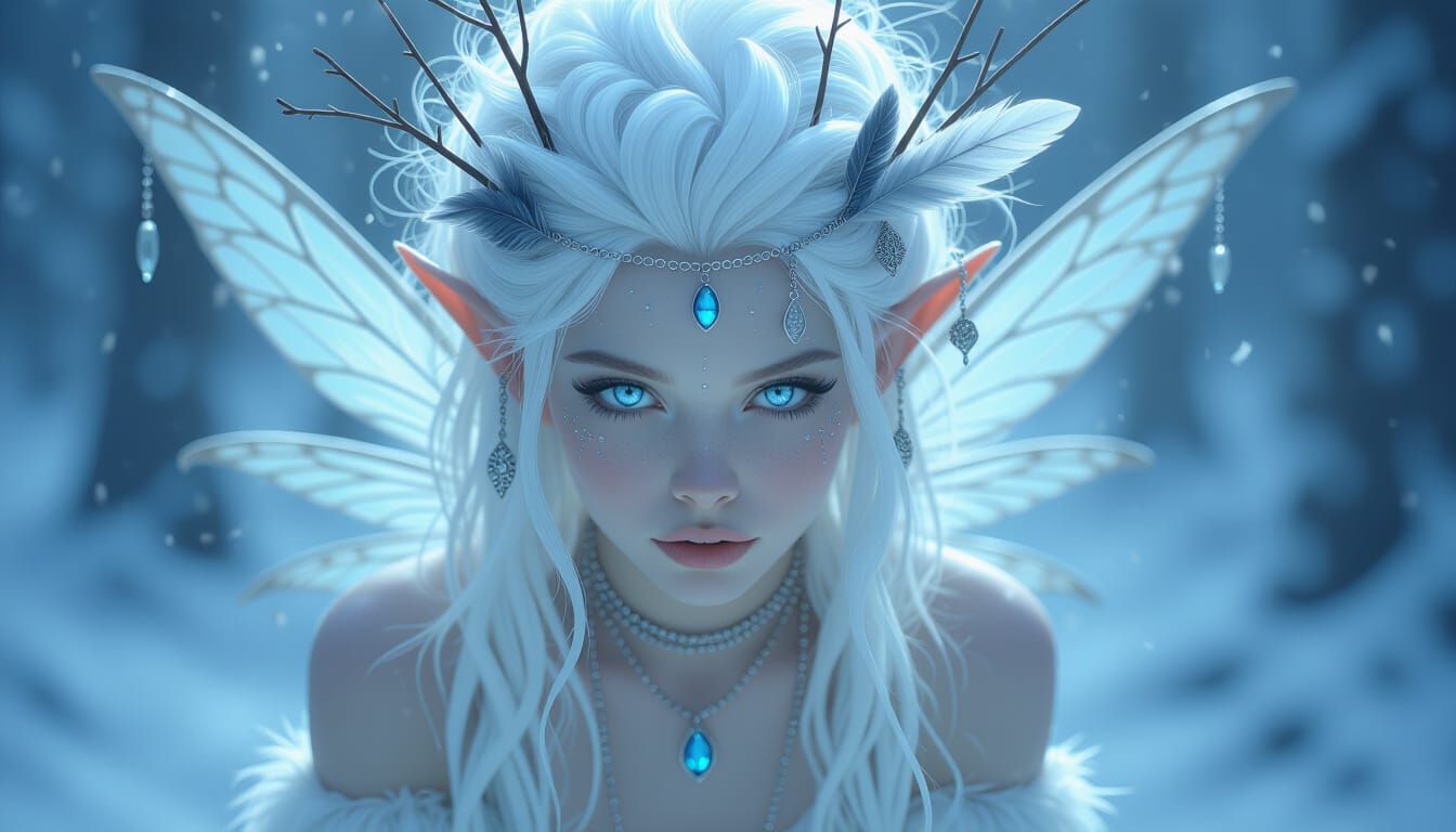 Forest Fairy with Glowing Eyes in Winter
