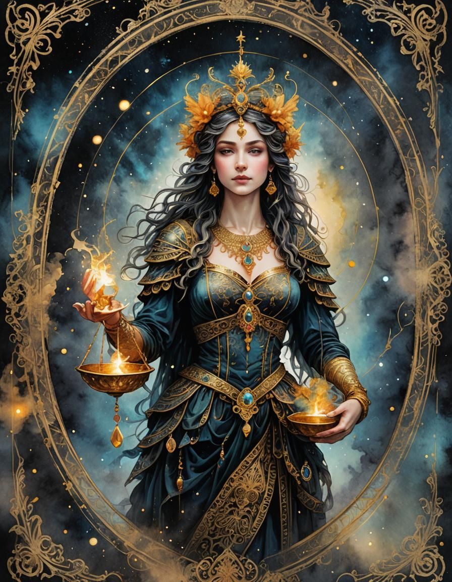 Libra Filigree Line-Art with Watercolor Wash and Bokeh