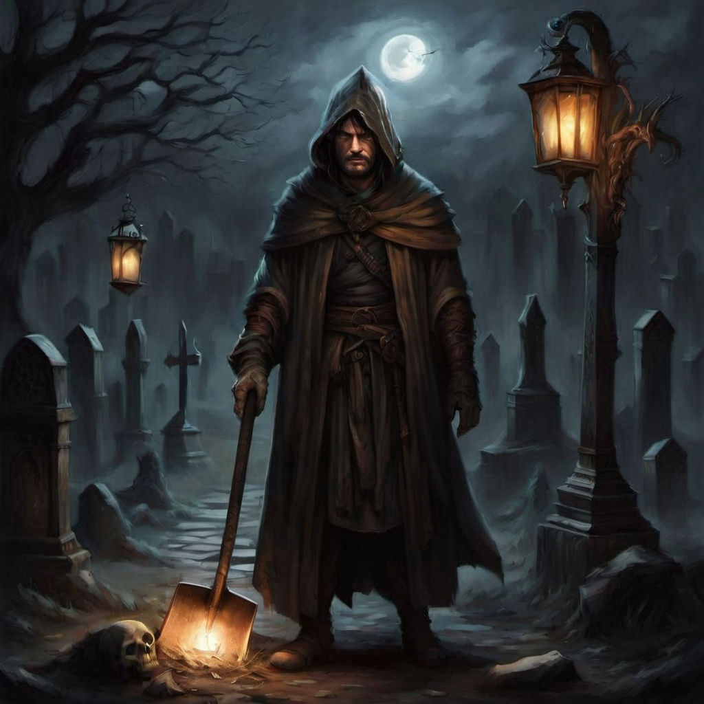 Hooded Gravedigger Tends Cemetery by Lantern Light