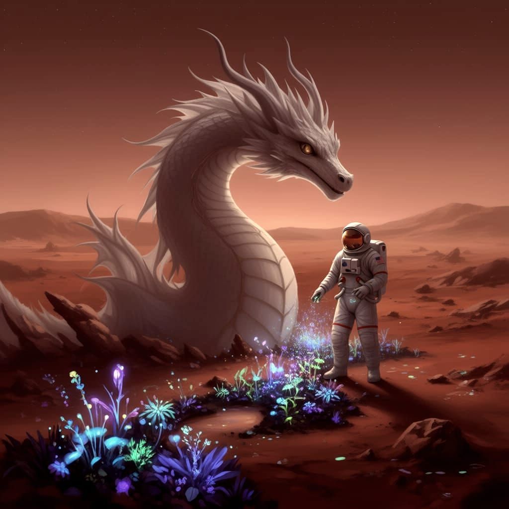 Astronaut Tends Bioluminescent Garden on Future Mars