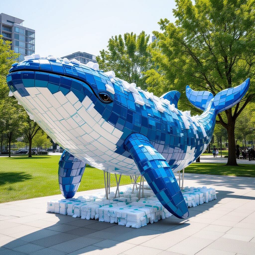 Whale Statue Artfully Crafted from Diaper Waste