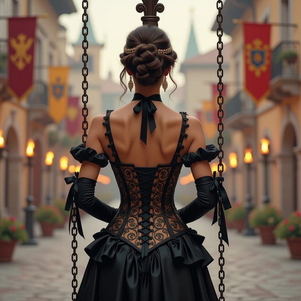 Woman in Ornate Corset Chained in Medieval Square