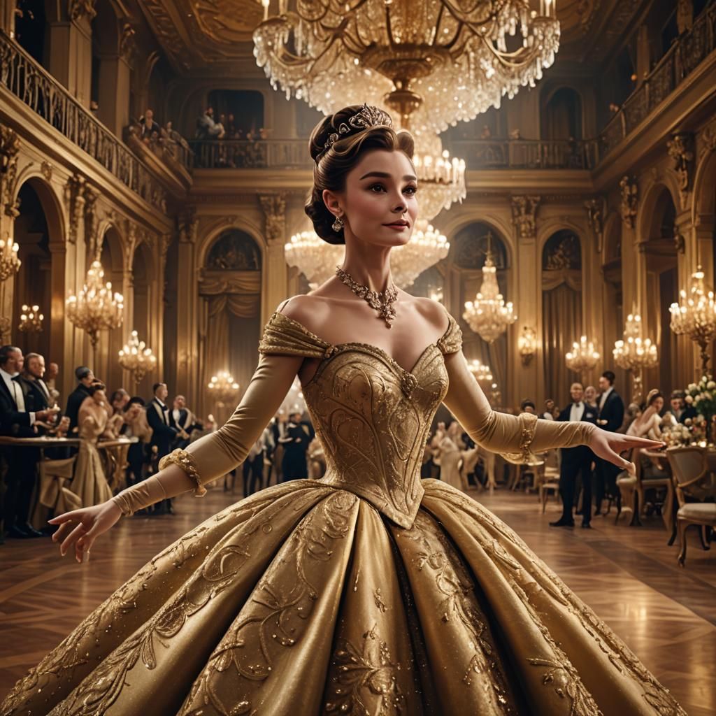 Audrey Hepburn as Belle in Gold Ballgown