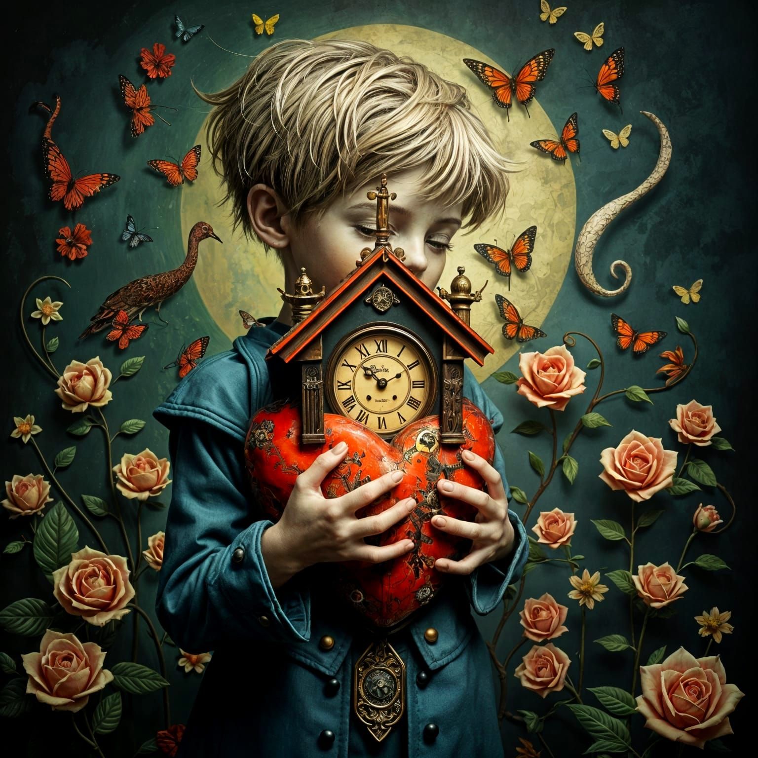 Ethereal Boy with Intricately Detailed Cuckoo-Clock Heart in...
