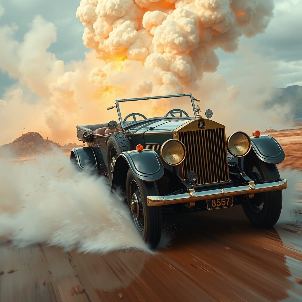 Vintage Armoured Car Charging into Geyser Eruption in Retro-...