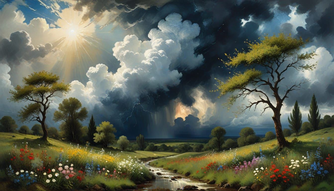 Vibrant Spring Stormscape in Expressive Watercolor