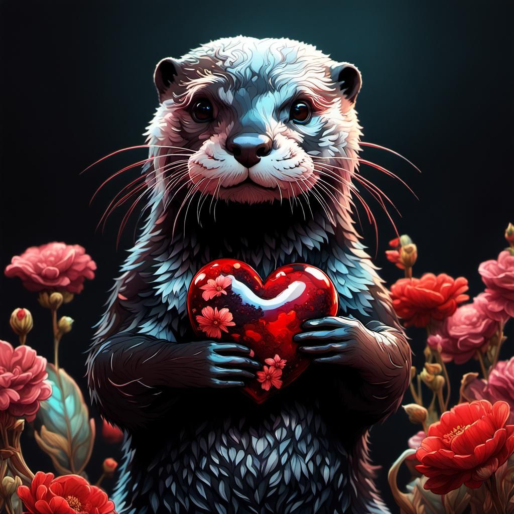 Fluffy Otter's Heart Feast: Detailed Digital Art