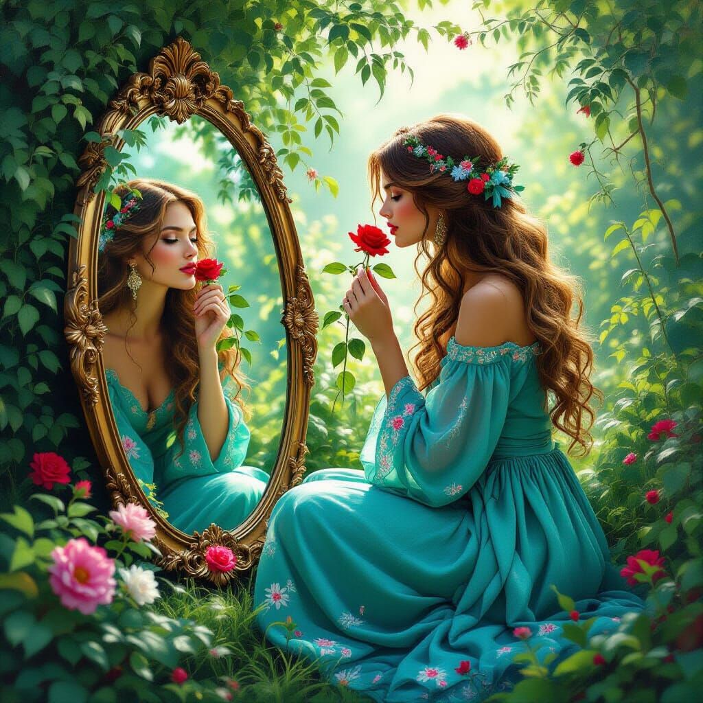 Mystical Woman in Spring Garden with Mirror