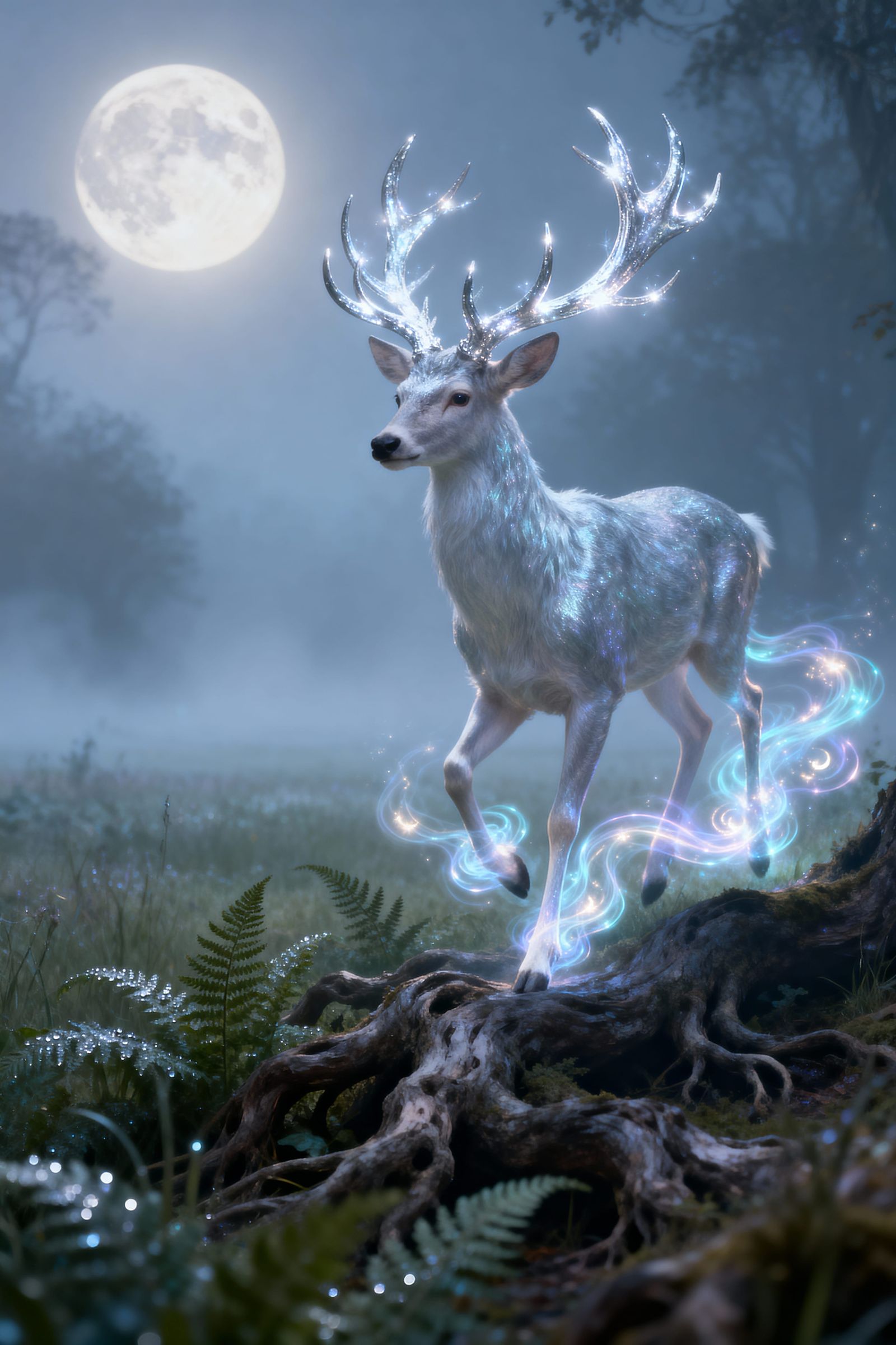 Moonlit Stag in Misty Glade, Ethereal Digital Art