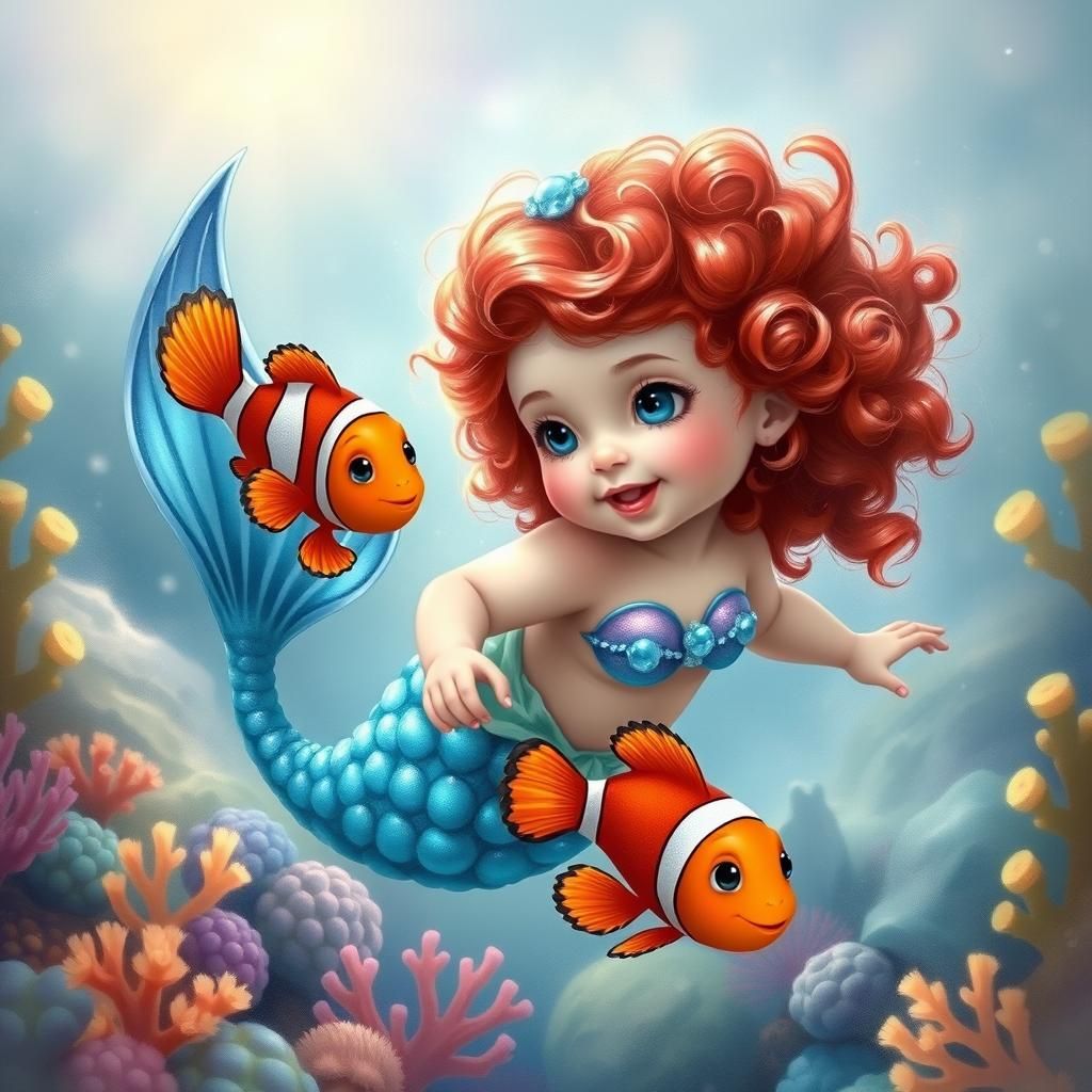 Toddler Mermaid in Coral Reef, Dreamlike Illustration