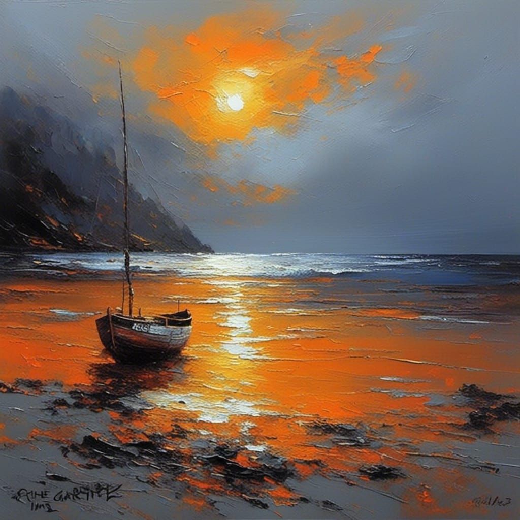 Fishing Village at Sunset: An Oil Painting