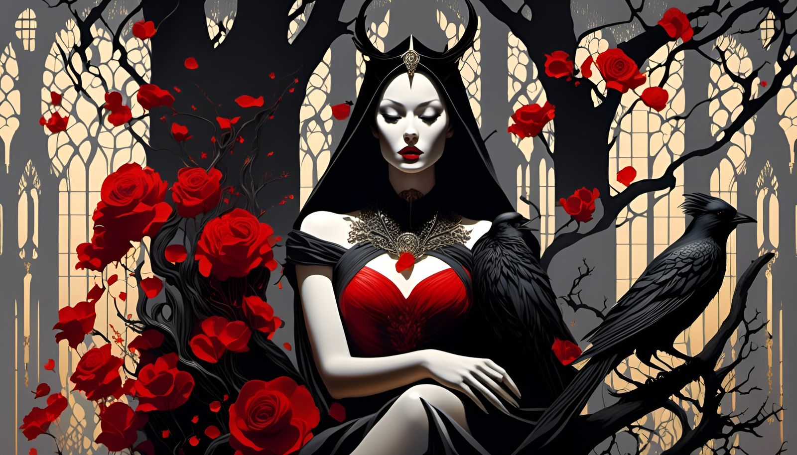 Dark Queen in Thorny Forest: Surrealist Splash Art