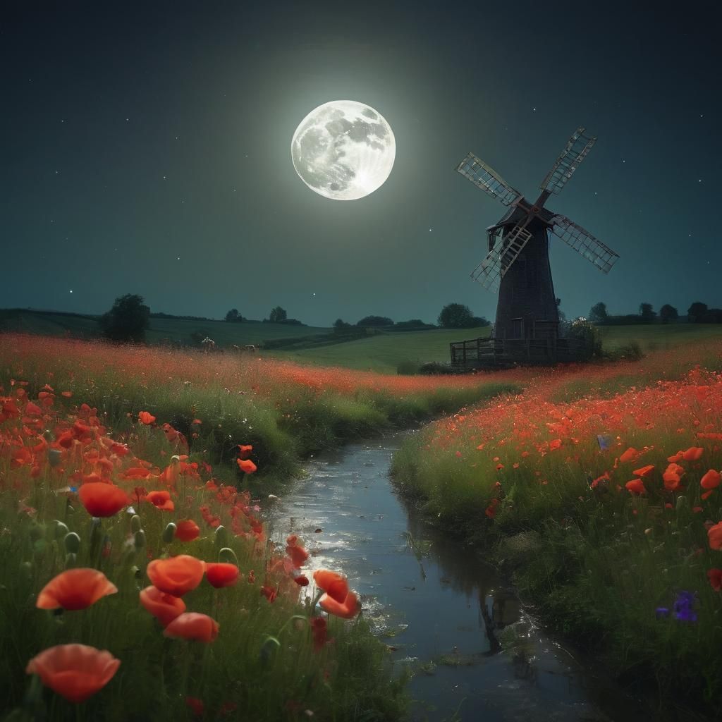 Biopunk Meadow: Windmill and Poppies in Moonlight