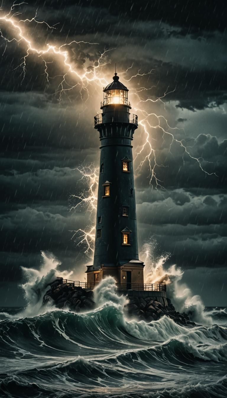 Lighthouse in Stormy Seas at Night
